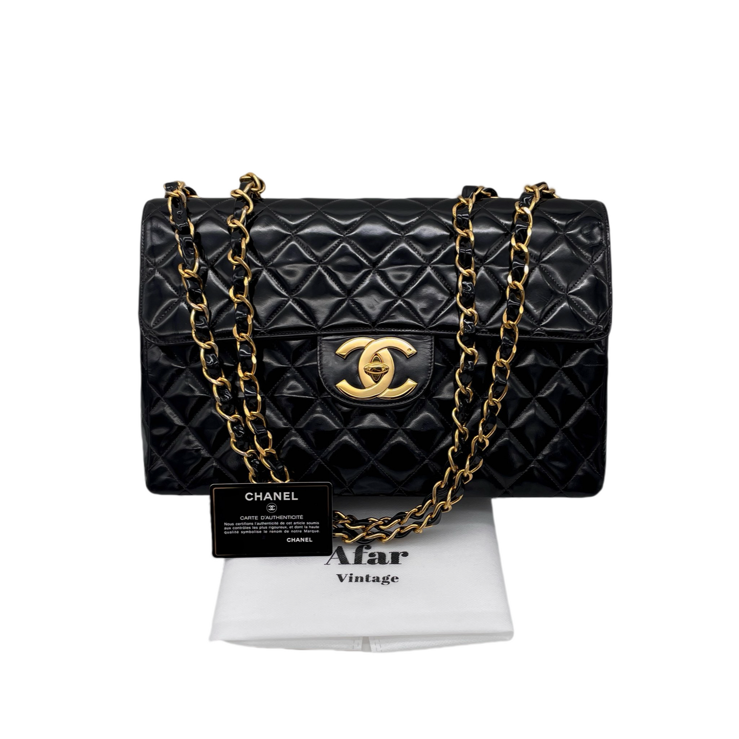 RARE☆☆☆CHANEL Enamel Matelassé Jumbo CC LOGO Double Chain Shoulder Single Flap Bag Black & Gold
