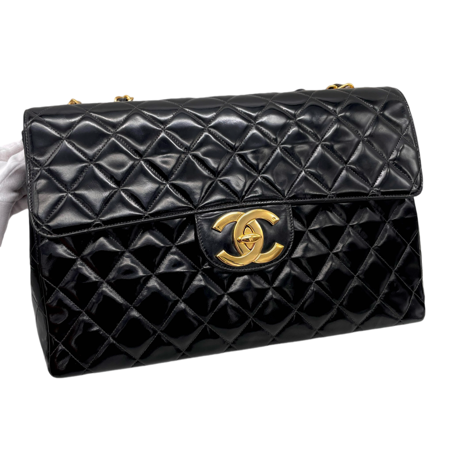RARE☆☆☆CHANEL Enamel Matelassé Jumbo CC LOGO Double Chain Shoulder Single Flap Bag Black & Gold