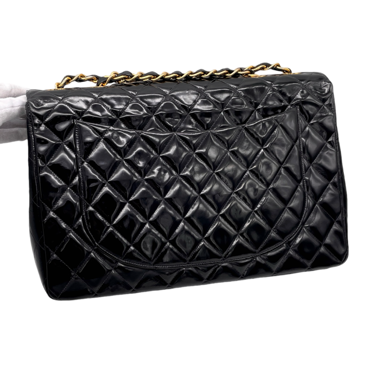 RARE☆☆☆CHANEL Enamel Matelassé Jumbo CC LOGO Double Chain Shoulder Single Flap Bag Black & Gold