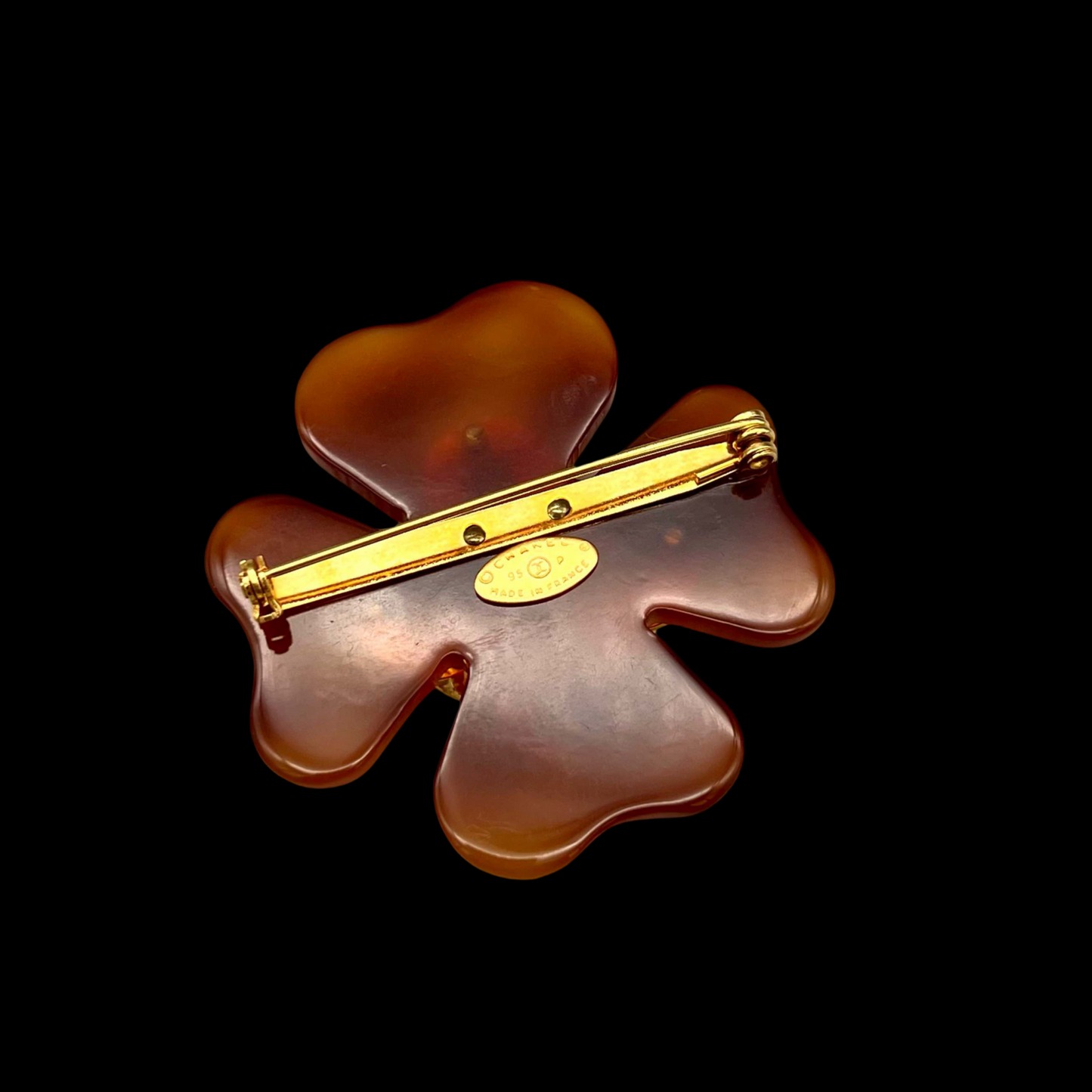 RARE☆☆☆☆CHANEL 1995 Tortoiseshell-Style Four-Leaf Clover CC LOGO Brooch 95P Brown & Gold