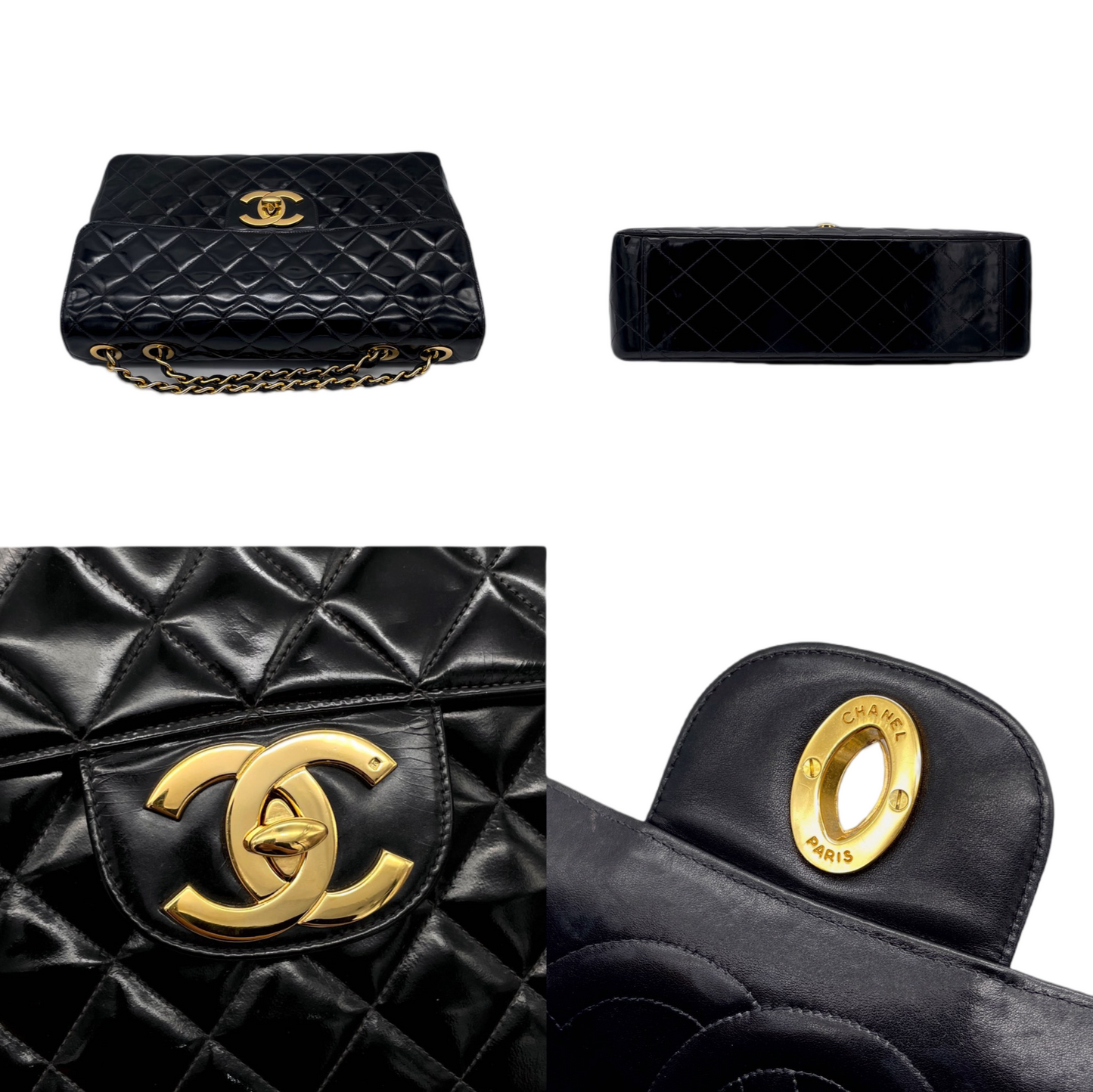 RARE☆☆☆CHANEL Enamel Matelassé Jumbo CC LOGO Double Chain Shoulder Single Flap Bag Black & Gold