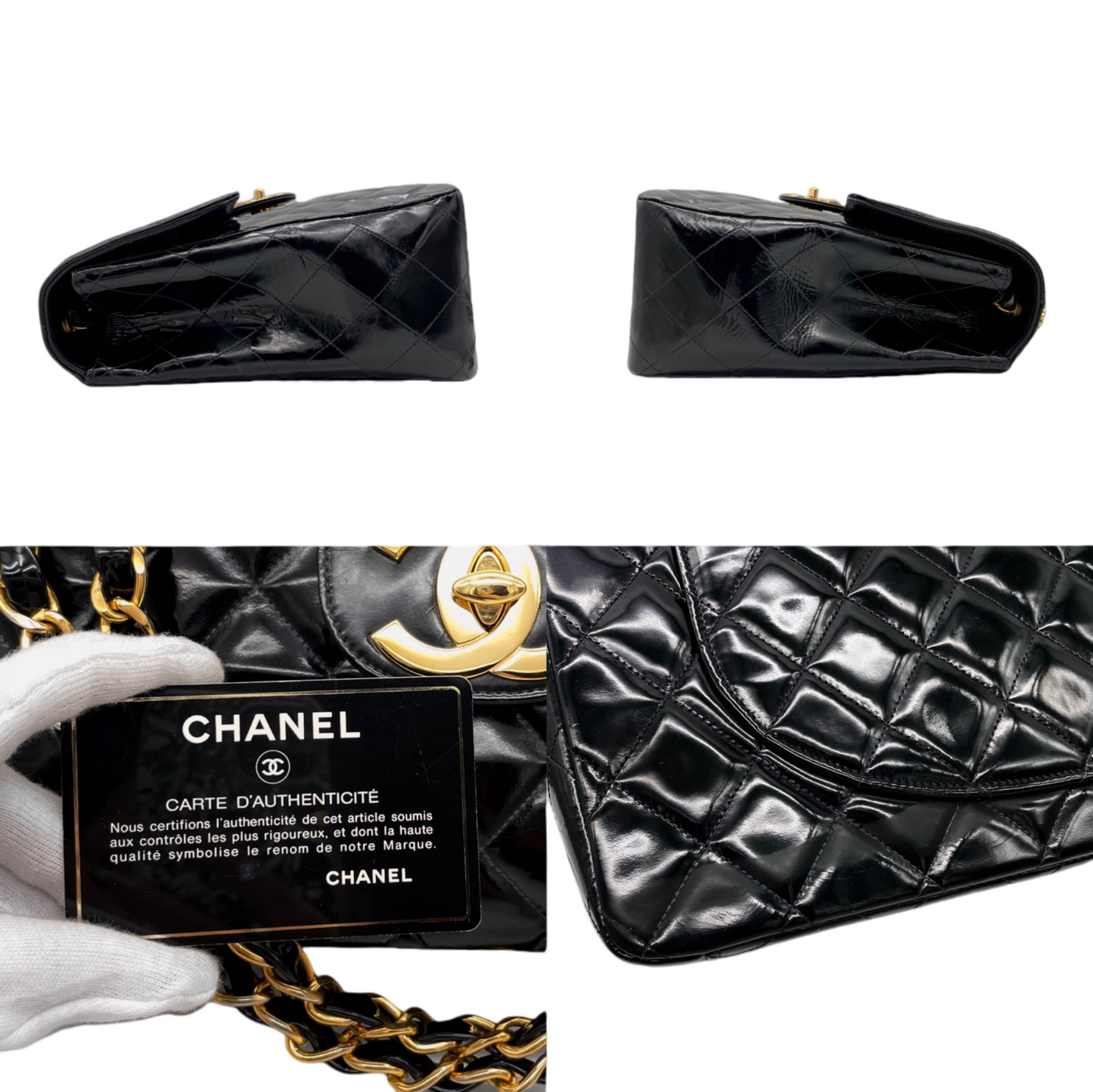 RARE☆☆☆CHANEL Enamel Matelassé Jumbo CC LOGO Double Chain Shoulder Single Flap Bag Black & Gold