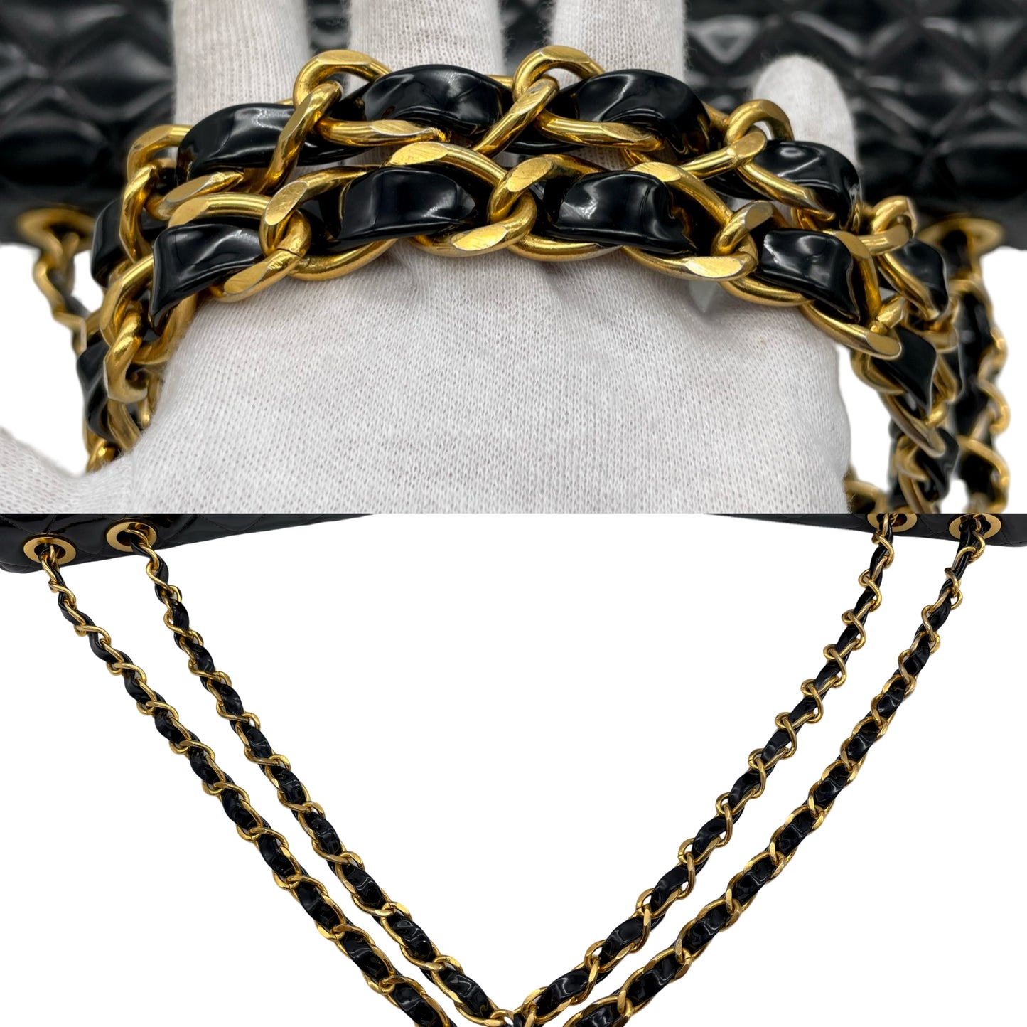 RARE☆☆☆CHANEL Enamel Matelassé Jumbo CC LOGO Double Chain Shoulder Single Flap Bag Black & Gold