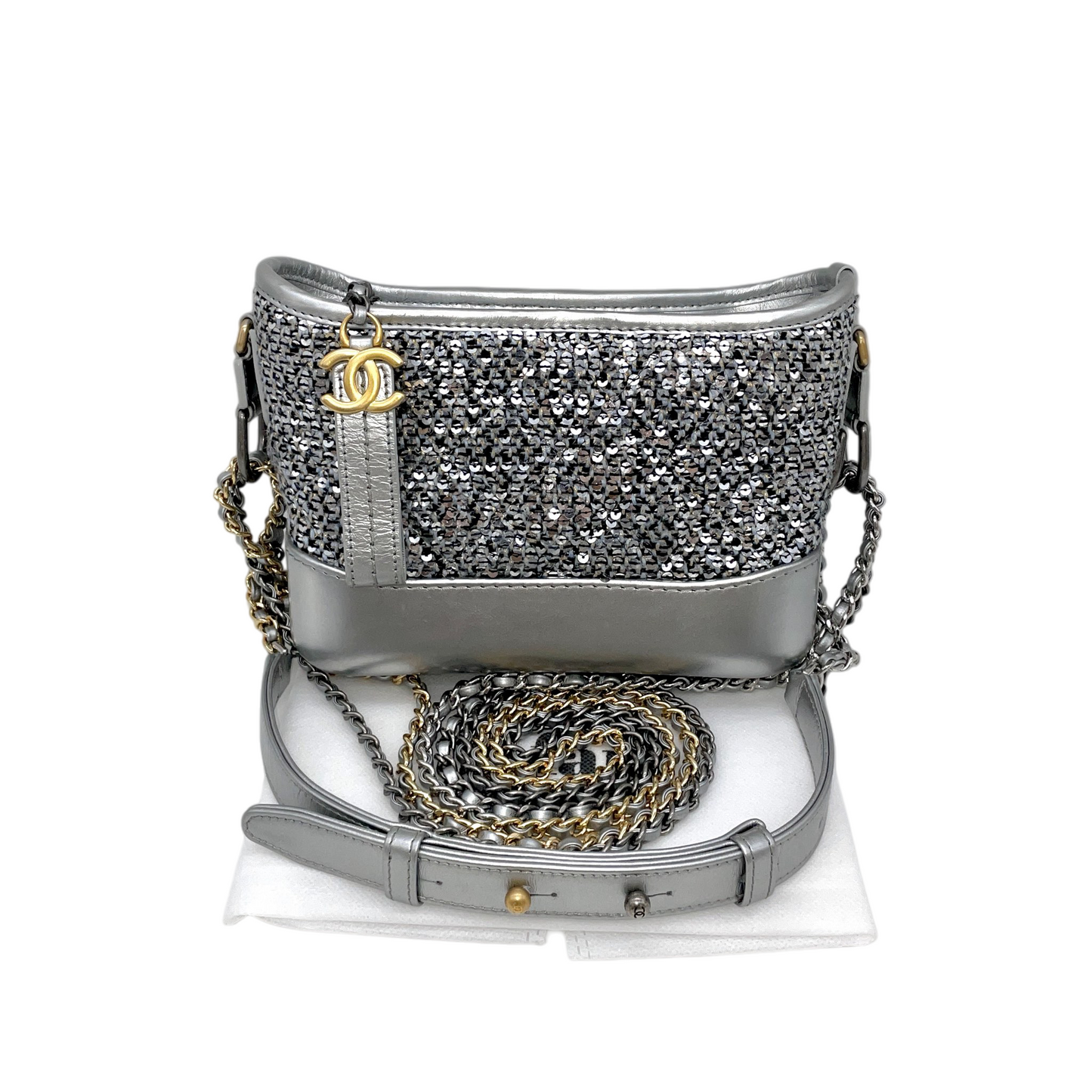 RARE★★★★CHANEL 2021~ Gabrielle Chanel Sequined Leather Double Chain Strap Hobo Crossbody Bag Mini Silver Gold