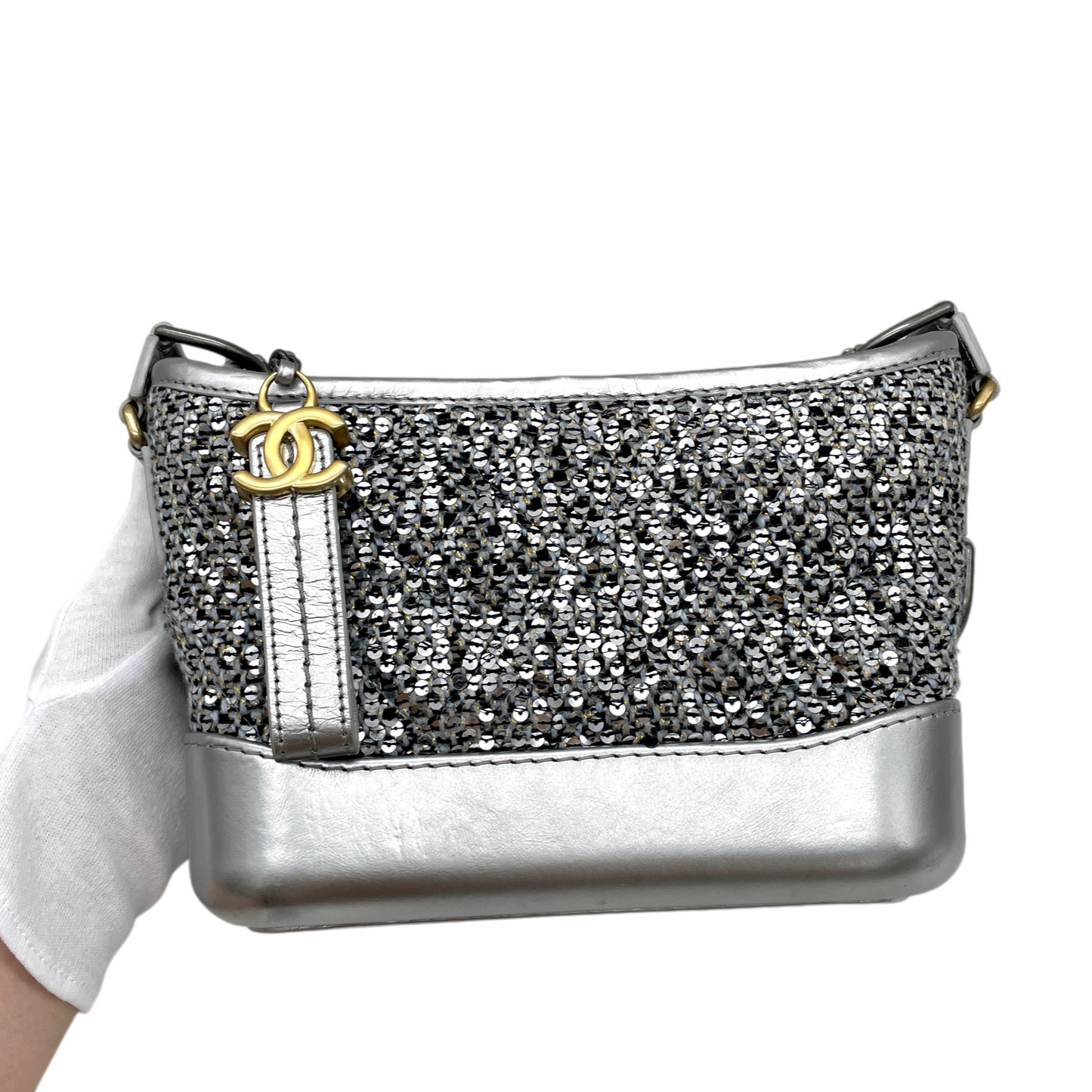 RARE★★★★CHANEL 2021~ Gabrielle Chanel Sequined Leather Double Chain Strap Hobo Crossbody Bag Mini Silver Gold