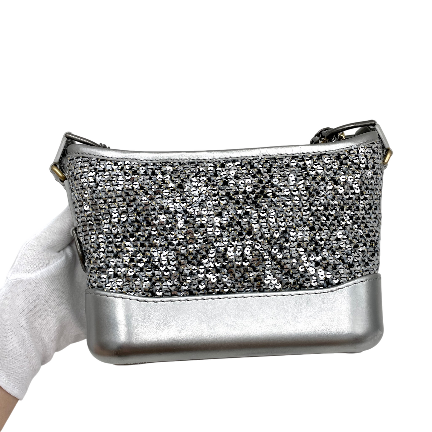 RARE★★★★CHANEL 2021~ Gabrielle Chanel Sequined Leather Double Chain Strap Hobo Crossbody Bag Mini Silver Gold