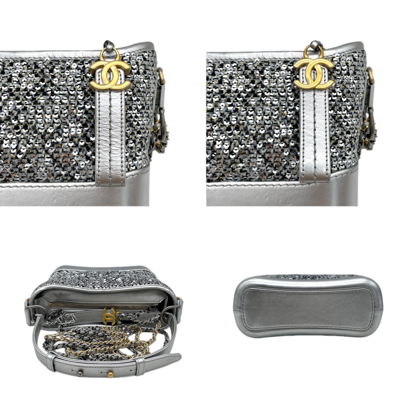 RARE★★★★CHANEL 2021~ Gabrielle Chanel Sequined Leather Double Chain Strap Hobo Crossbody Bag Mini Silver Gold