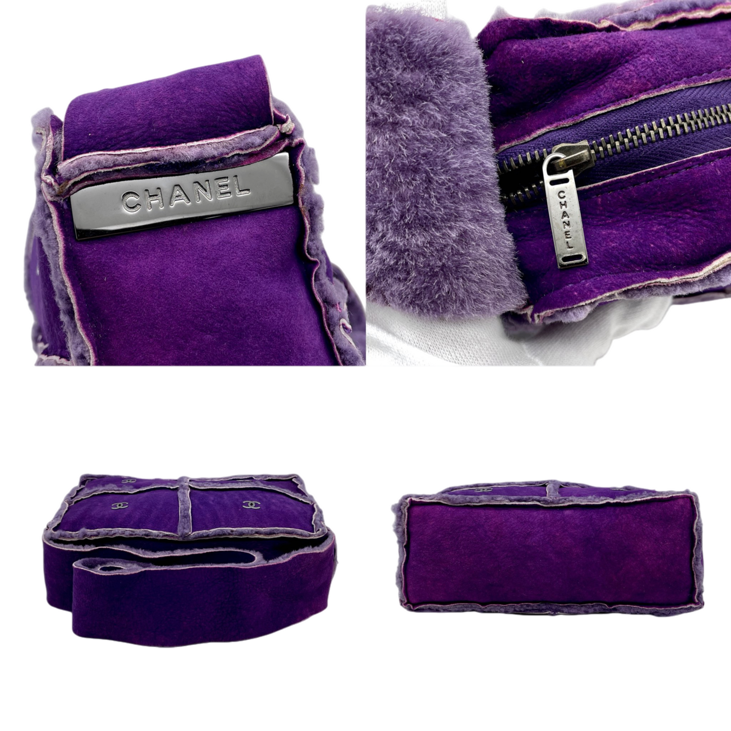 RARE☆☆☆☆CHANEL 2000 CC LOGO Shearling Chocolate Bar Shoulder Bag Purple & Silver