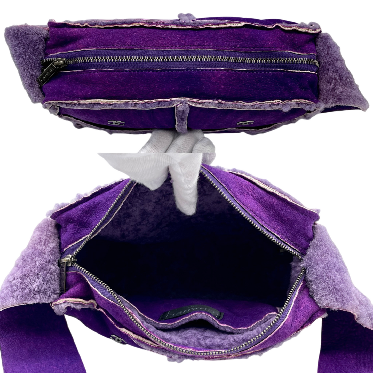 RARE☆☆☆☆CHANEL 2000 CC LOGO Shearling Chocolate Bar Shoulder Bag Purple & Silver