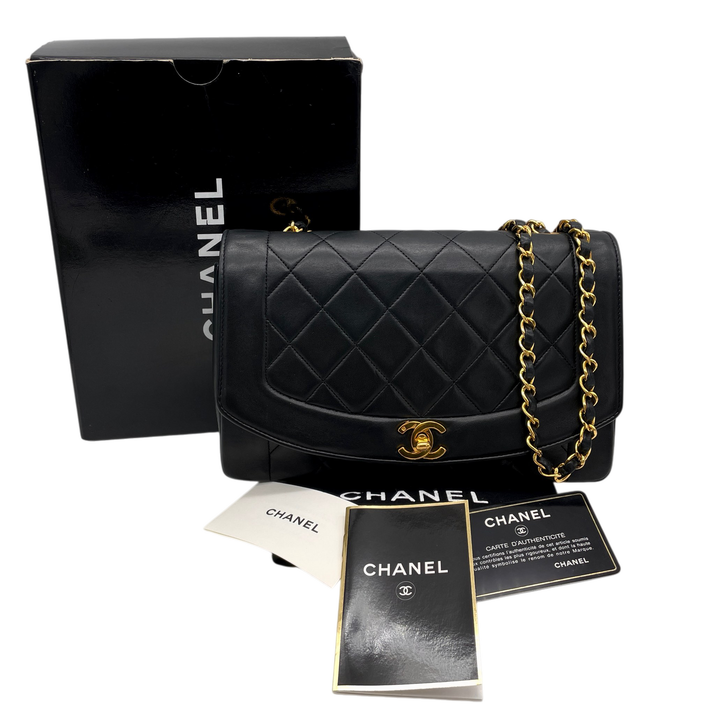 CHANEL 1990 Matelassé Lambskin Diana 25 Chain Shoulder Flap Bag Medium Black/Gold