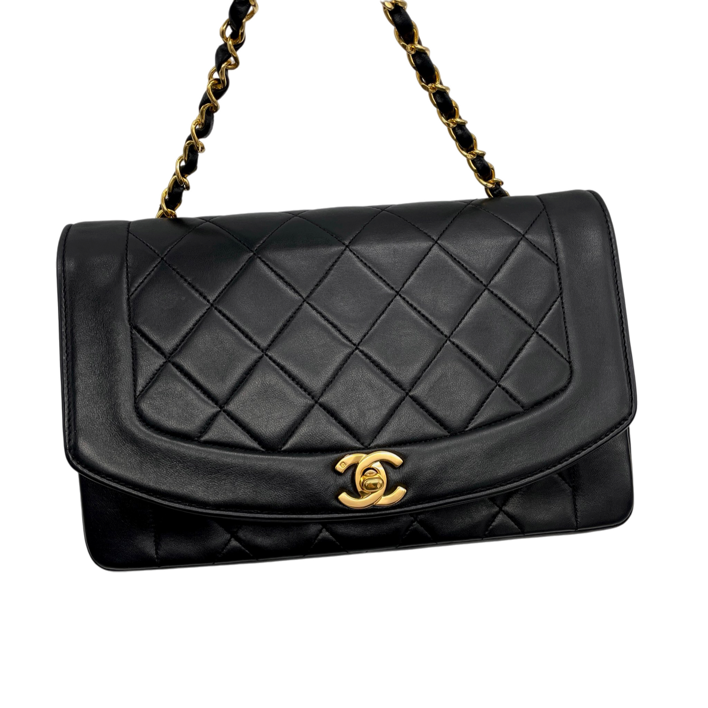 CHANEL 1990 Matelassé Lambskin Diana 25 Chain Shoulder Flap Bag Medium Black/Gold