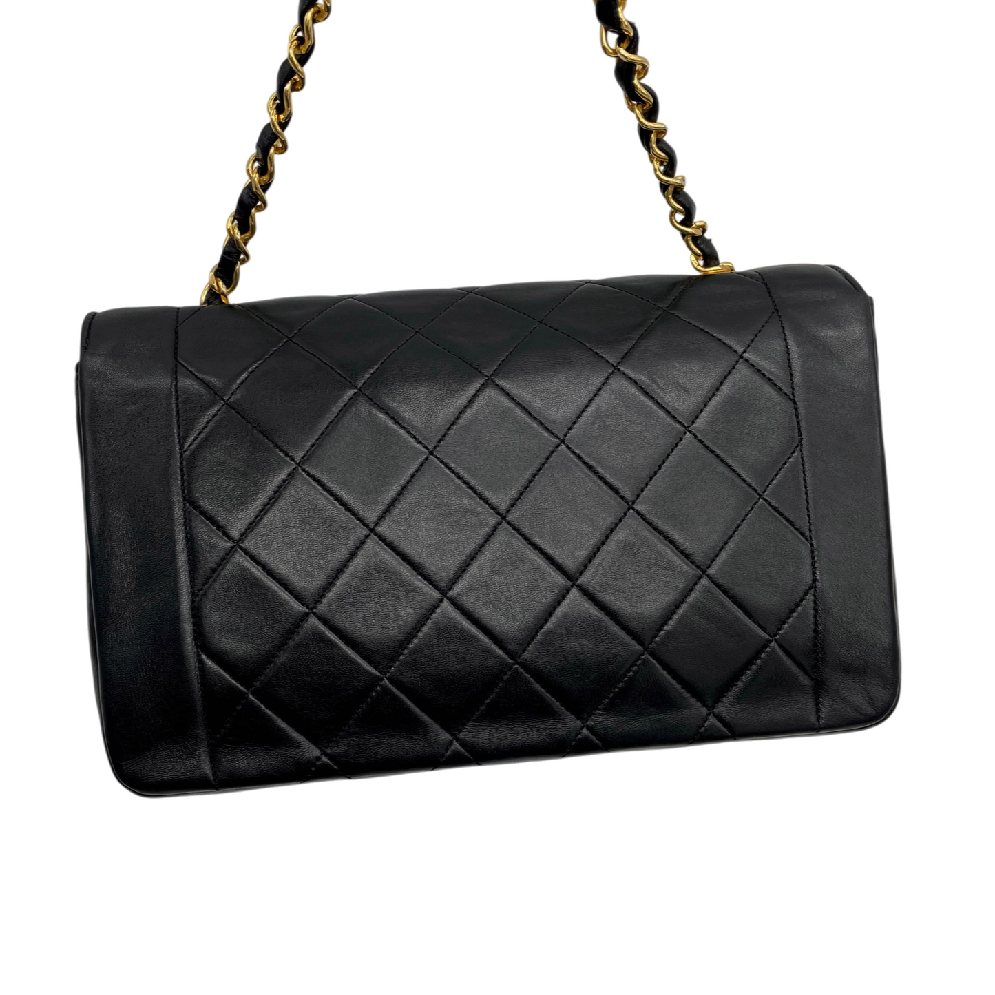 CHANEL 1990 Matelassé Lambskin Diana 25 Chain Shoulder Flap Bag Medium Black/Gold