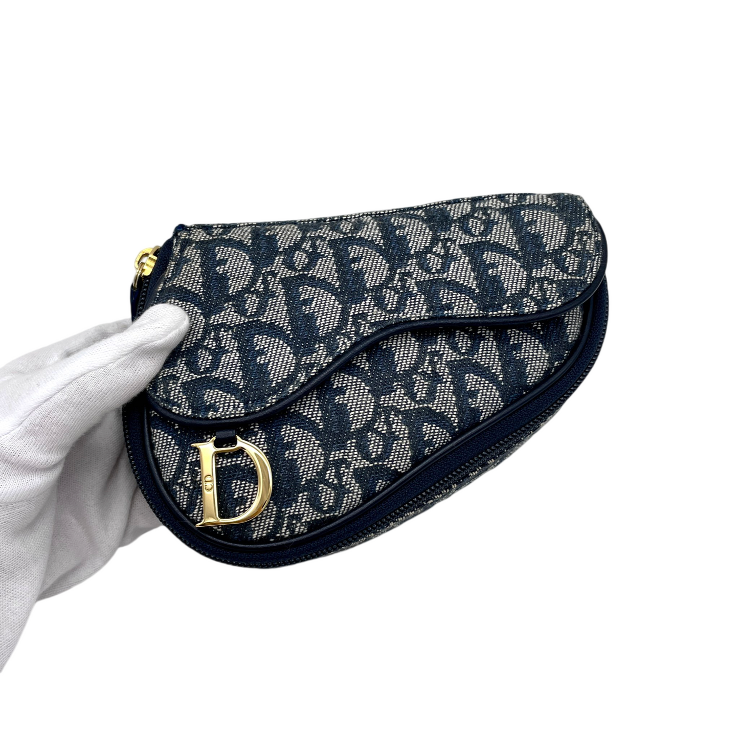 AUTHENTIC PRELOVED CHRISTIAN DIOR 1998 Trotter Canvas D Logo Pendant Mini Saddle Pouch Navy & Gold