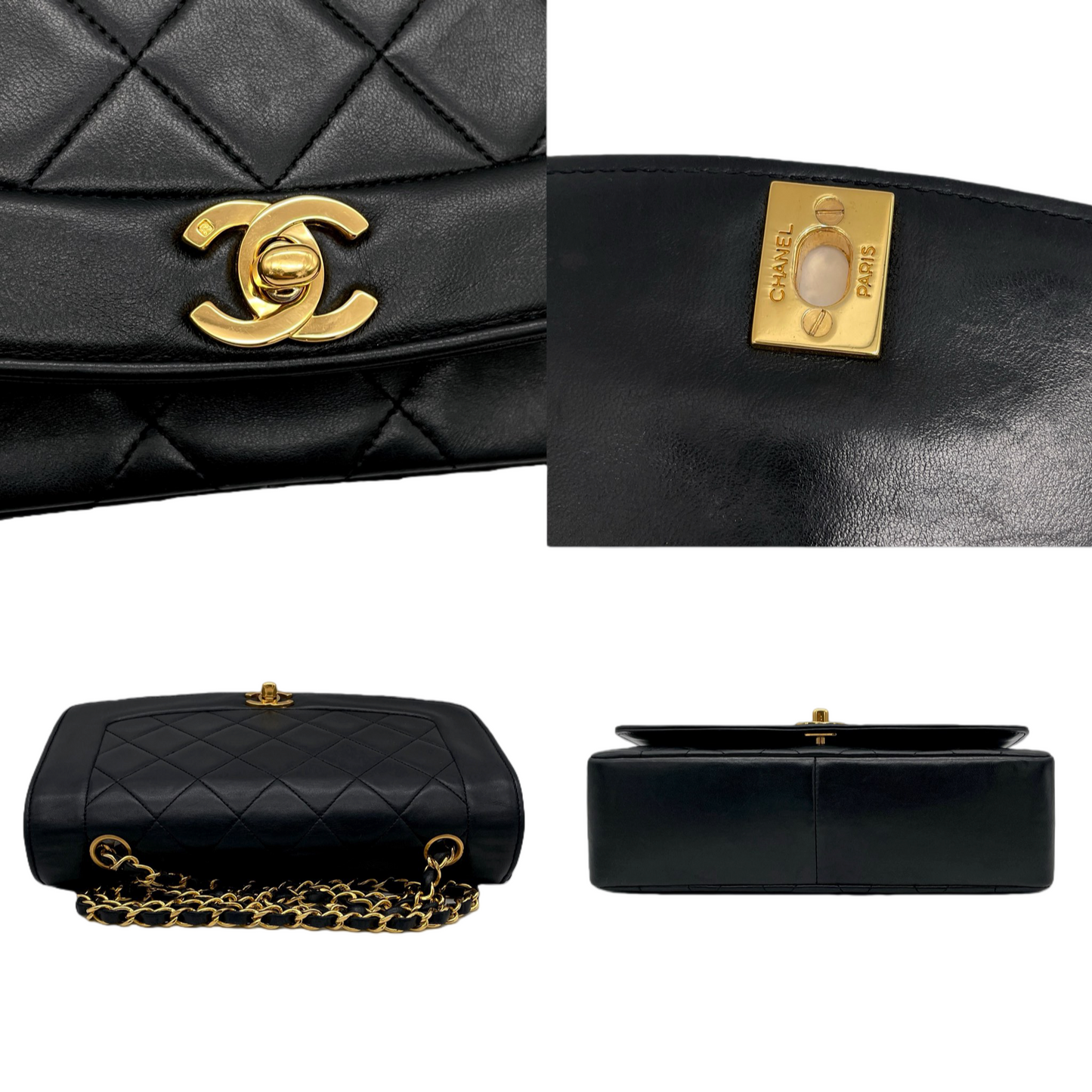 CHANEL 1990 Matelassé Lambskin Diana 25 Chain Shoulder Flap Bag Medium Black/Gold