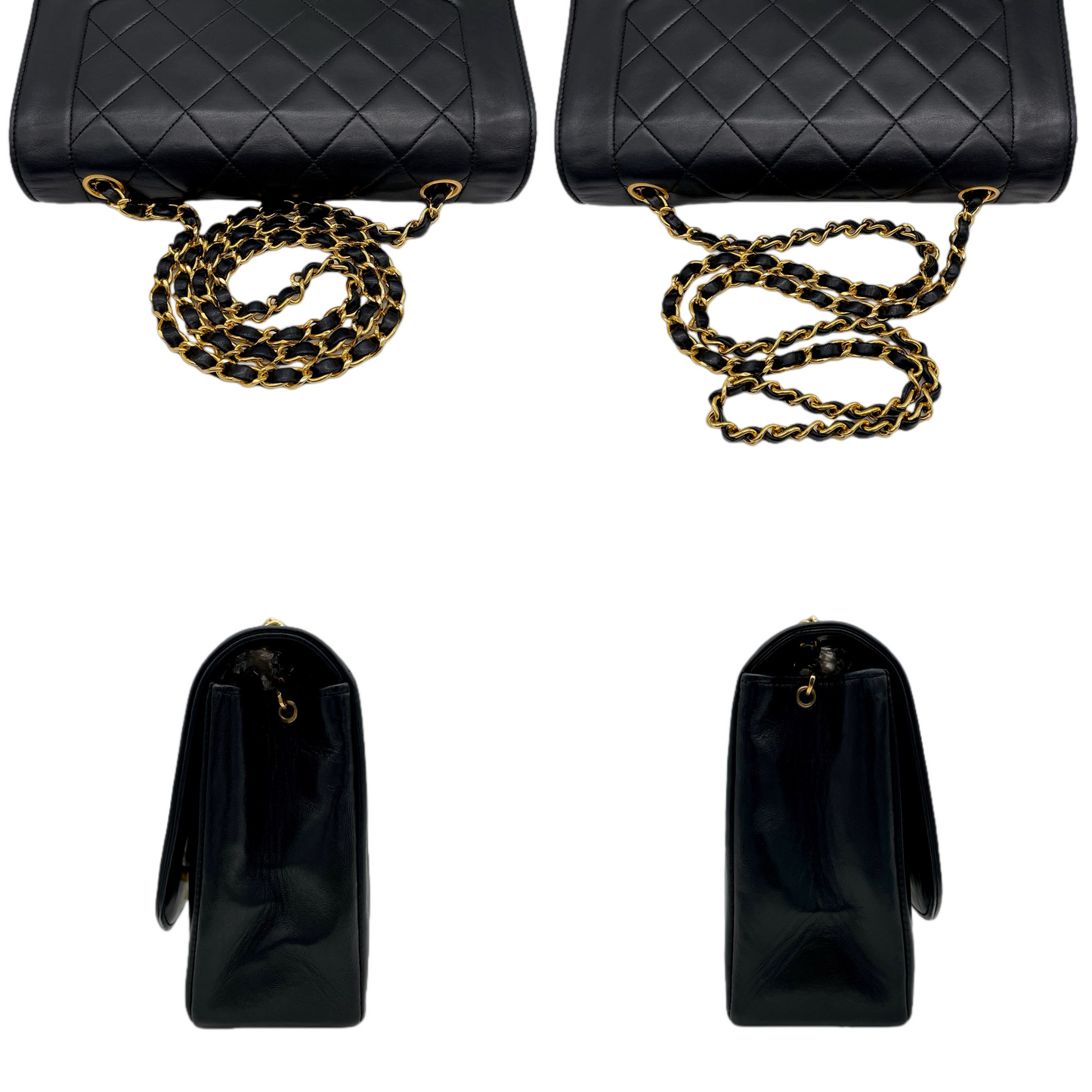 CHANEL 1990 Matelassé Lambskin Diana 25 Chain Shoulder Flap Bag Medium Black/Gold