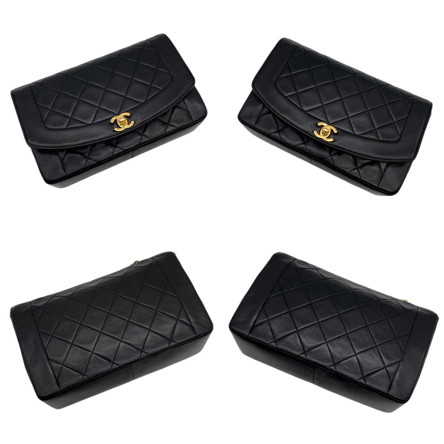 CHANEL 1990 Matelassé Lambskin Diana 25 Chain Shoulder Flap Bag Medium Black/Gold