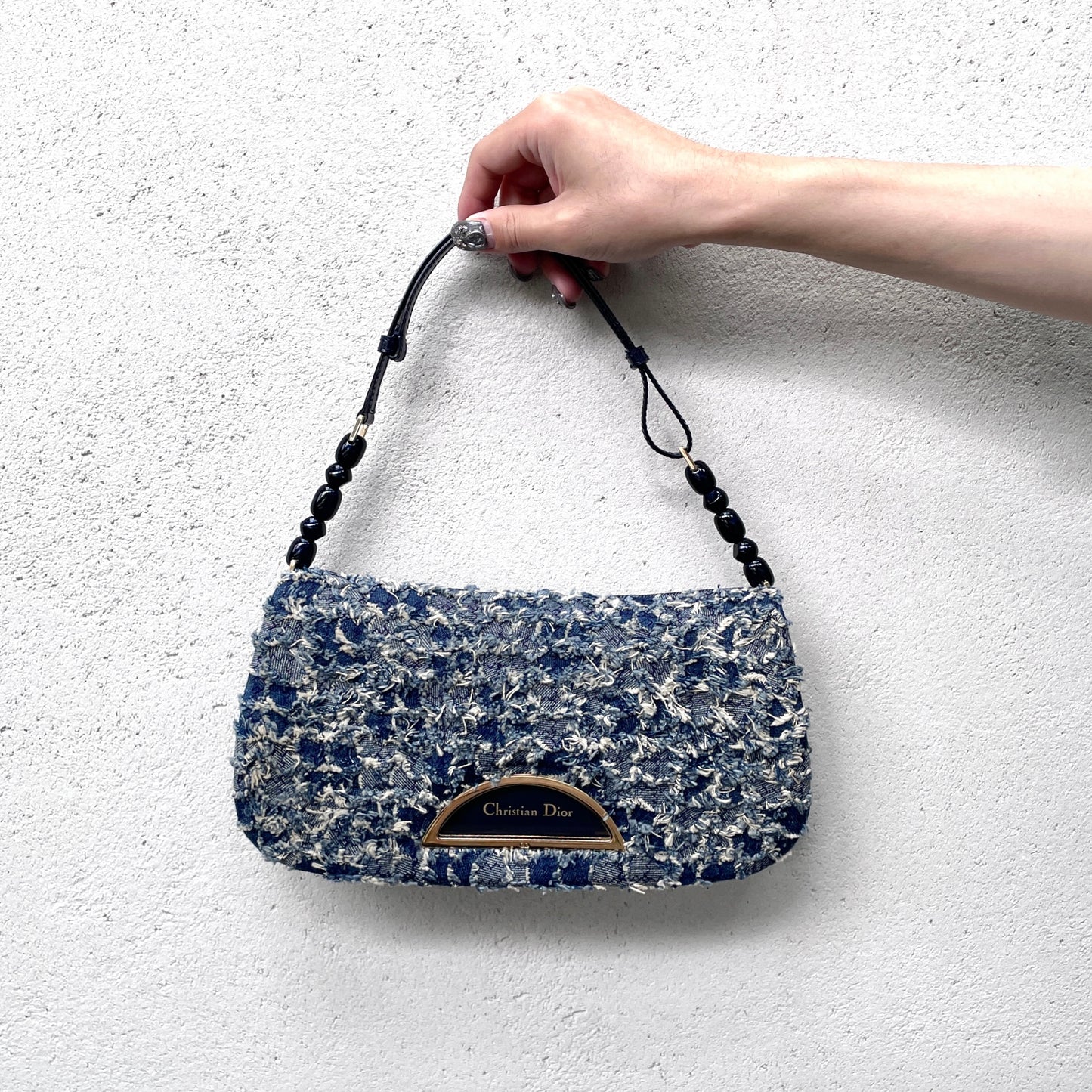 RARE☆☆☆☆☆CHRISTIAN DIOR Patchwork Denim Tweed-Style Malice Pearl Shoulder Bag Navy & Gold