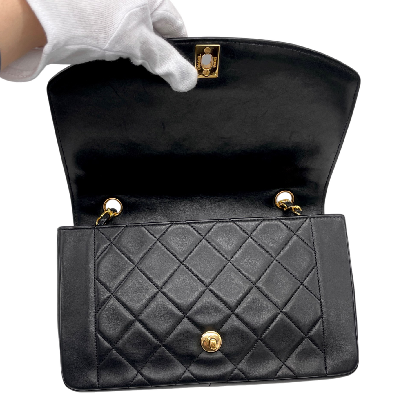 CHANEL 1990 Matelassé Lambskin Diana 25 Chain Shoulder Flap Bag Medium Black/Gold