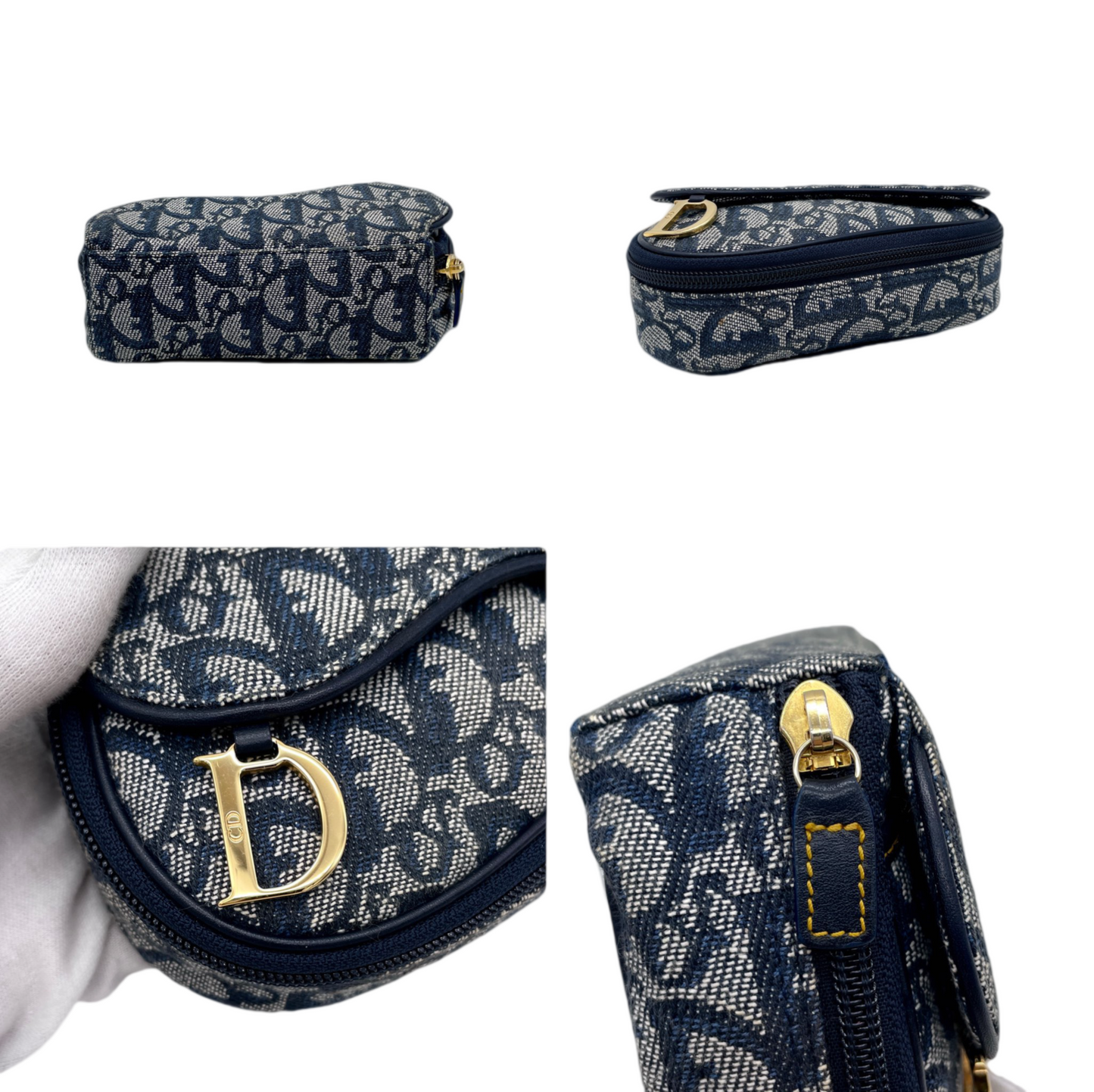 AUTHENTIC PRELOVED CHRISTIAN DIOR 1998 Trotter Canvas D Logo Pendant Mini Saddle Pouch Navy & Gold