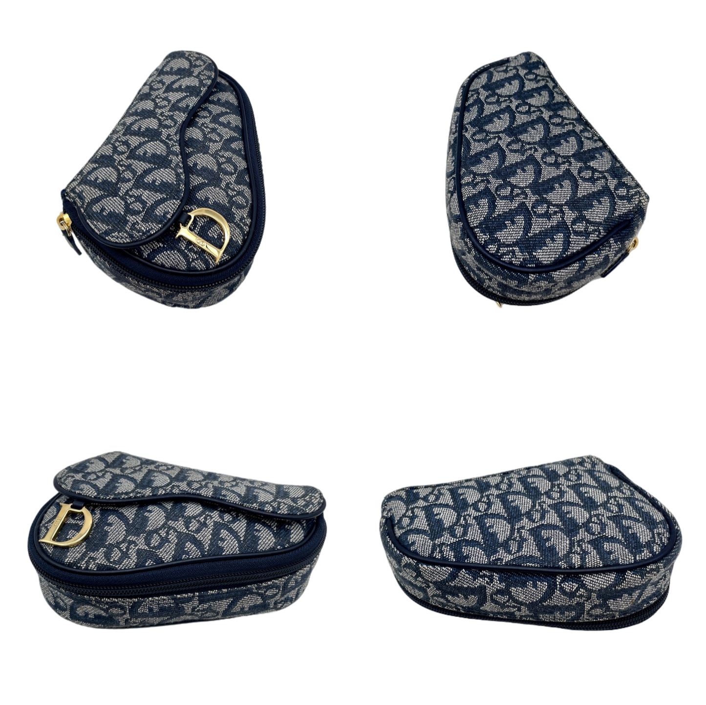 AUTHENTIC PRELOVED CHRISTIAN DIOR 1998 Trotter Canvas D Logo Pendant Mini Saddle Pouch Navy & Gold
