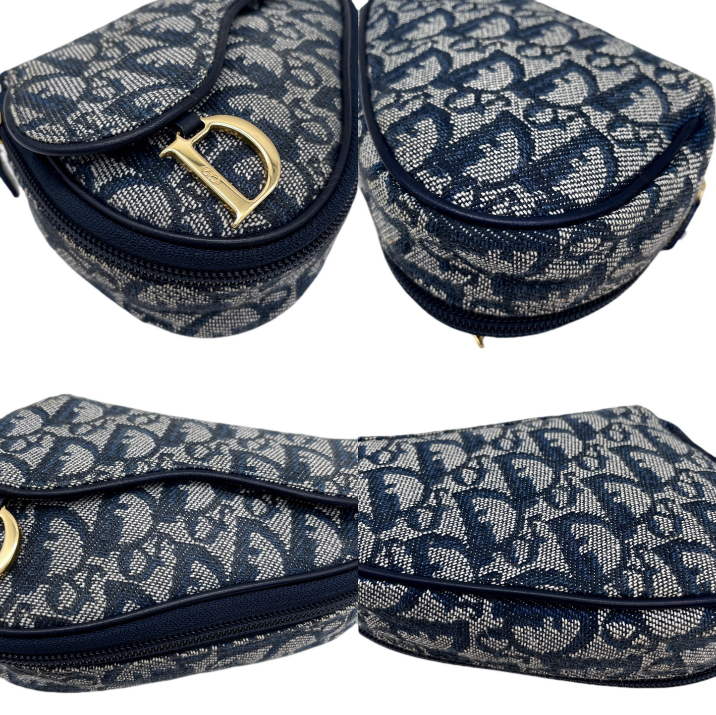 AUTHENTIC PRELOVED CHRISTIAN DIOR 1998 Trotter Canvas D Logo Pendant Mini Saddle Pouch Navy & Gold
