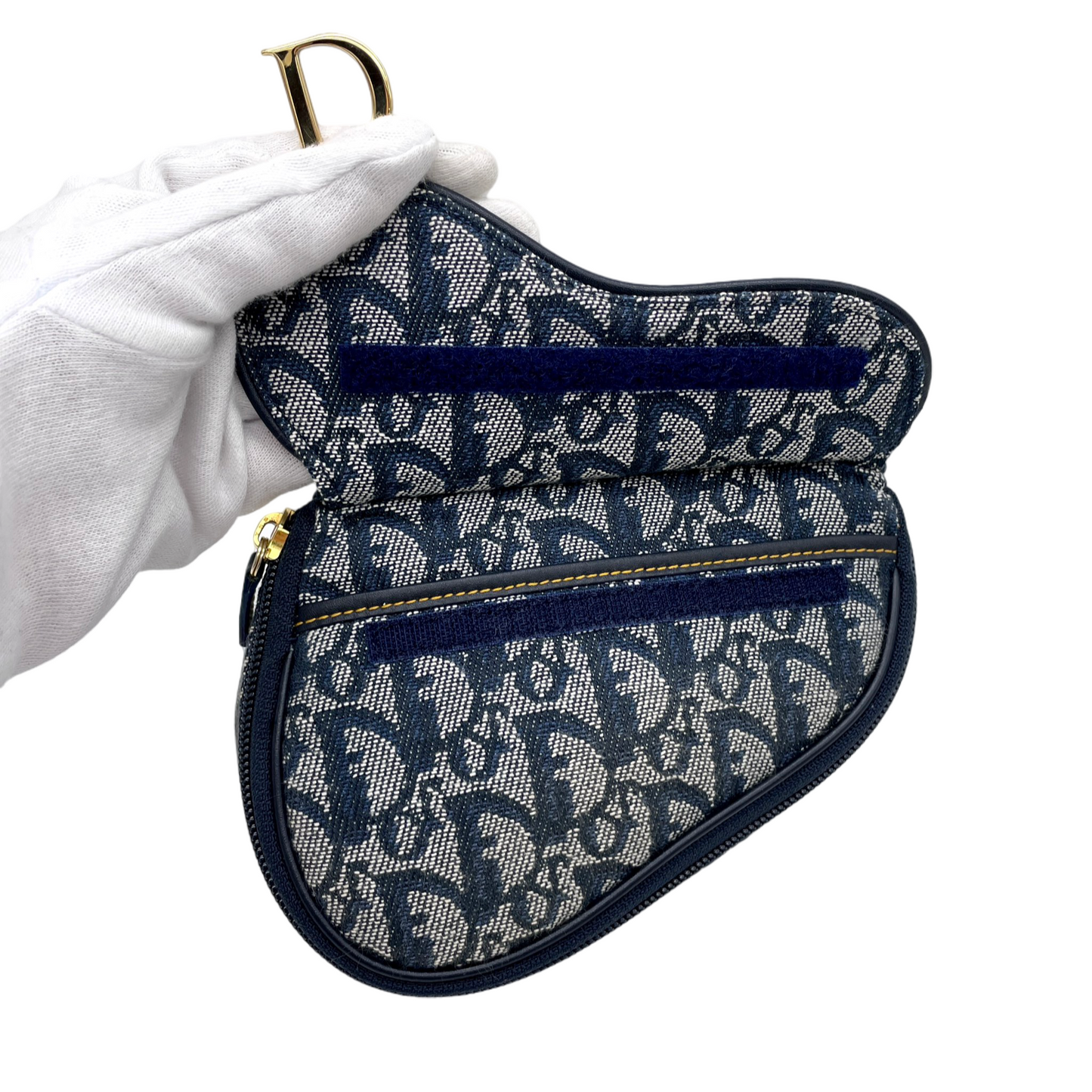 AUTHENTIC PRELOVED CHRISTIAN DIOR 1998 Trotter Canvas D Logo Pendant Mini Saddle Pouch Navy & Gold