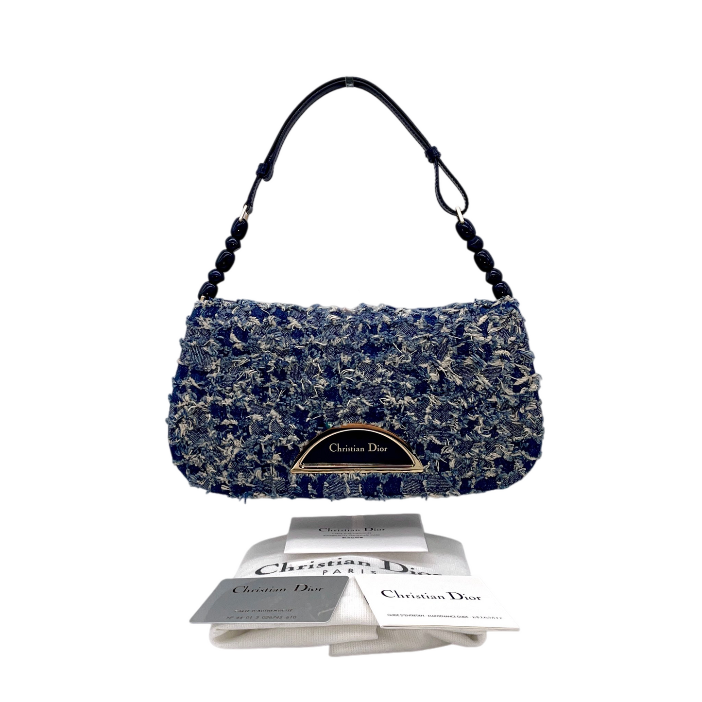 RARE☆☆☆☆☆CHRISTIAN DIOR Patchwork Denim Tweed-Style Malice Pearl Shoulder Bag Navy & Gold