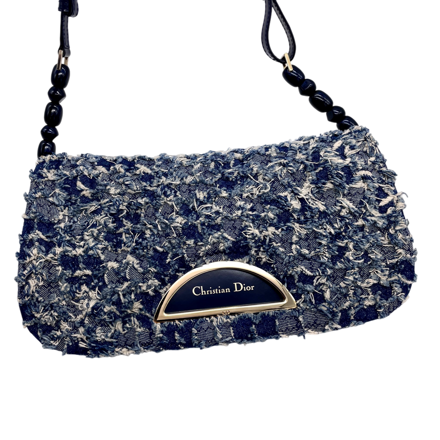 RARE☆☆☆☆☆CHRISTIAN DIOR Patchwork Denim Tweed-Style Malice Pearl Shoulder Bag Navy & Gold