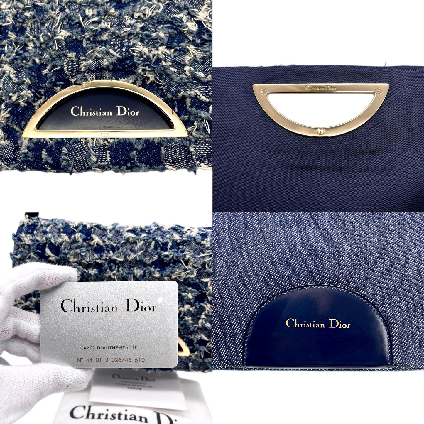 RARE☆☆☆☆☆CHRISTIAN DIOR Patchwork Denim Tweed-Style Malice Pearl Shoulder Bag Navy & Gold