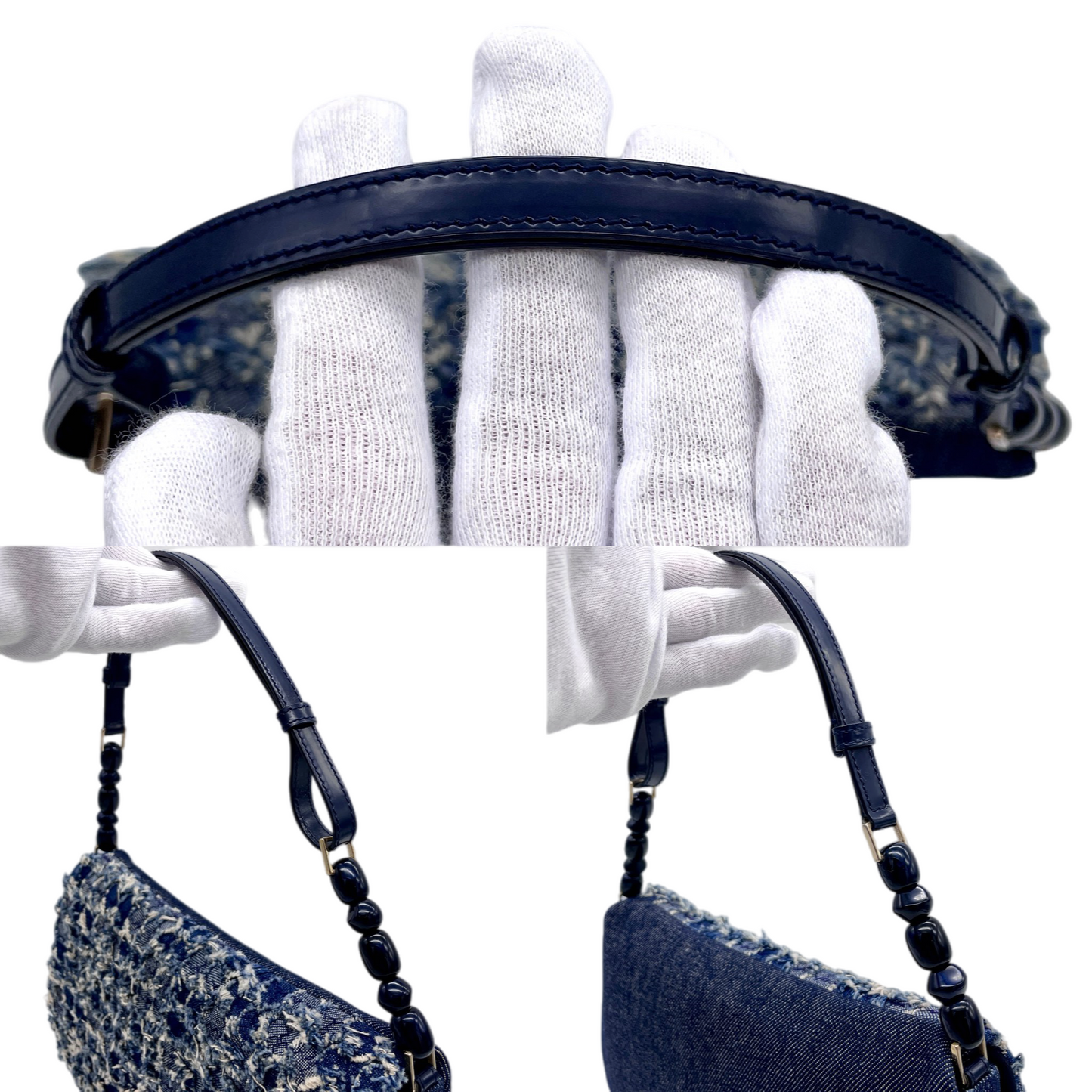 RARE☆☆☆☆☆CHRISTIAN DIOR Patchwork Denim Tweed-Style Malice Pearl Shoulder Bag Navy & Gold