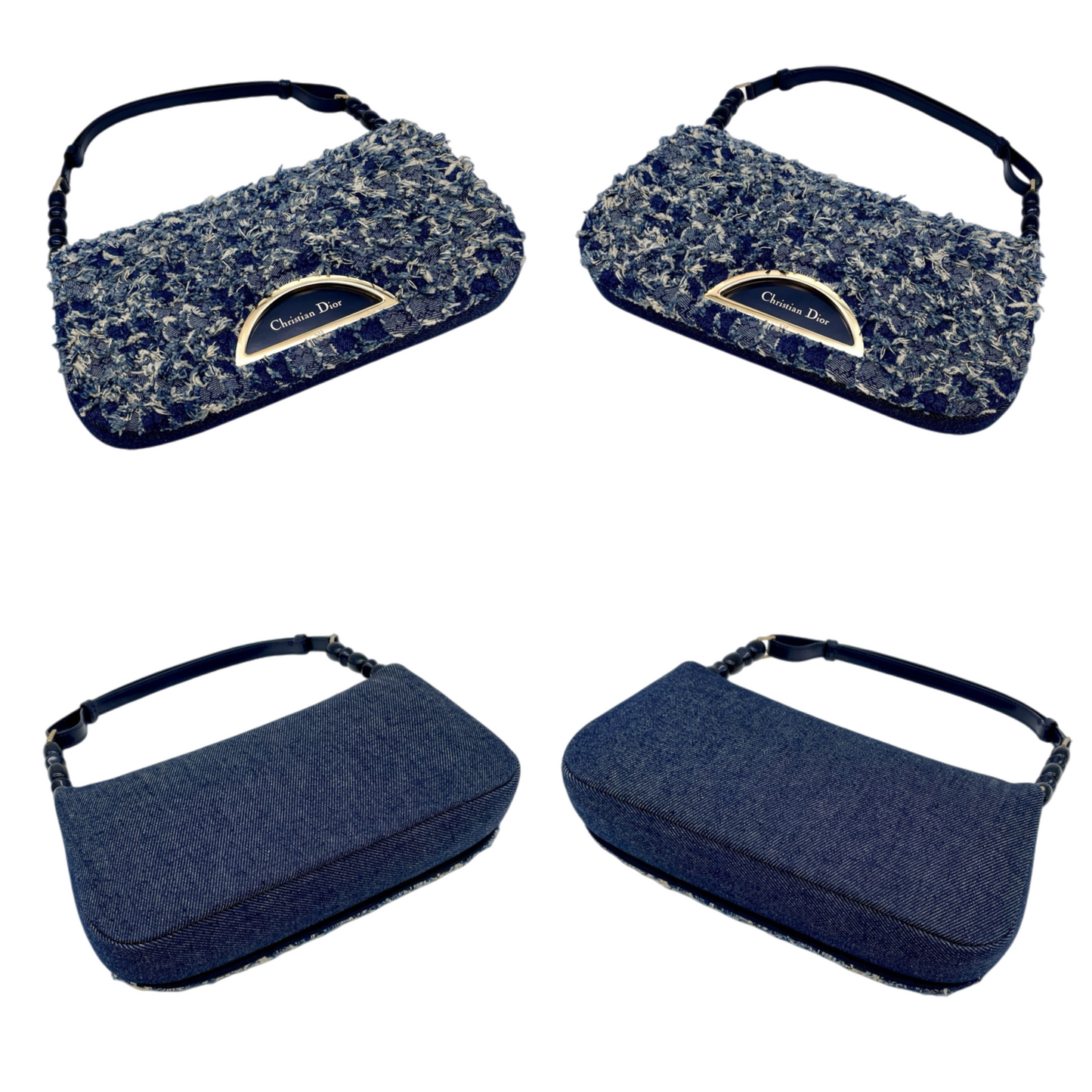 RARE☆☆☆☆☆CHRISTIAN DIOR Patchwork Denim Tweed-Style Malice Pearl Shoulder Bag Navy & Gold