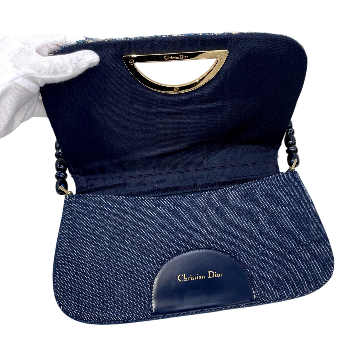 RARE☆☆☆☆☆CHRISTIAN DIOR Patchwork Denim Tweed-Style Malice Pearl Shoulder Bag Navy & Gold