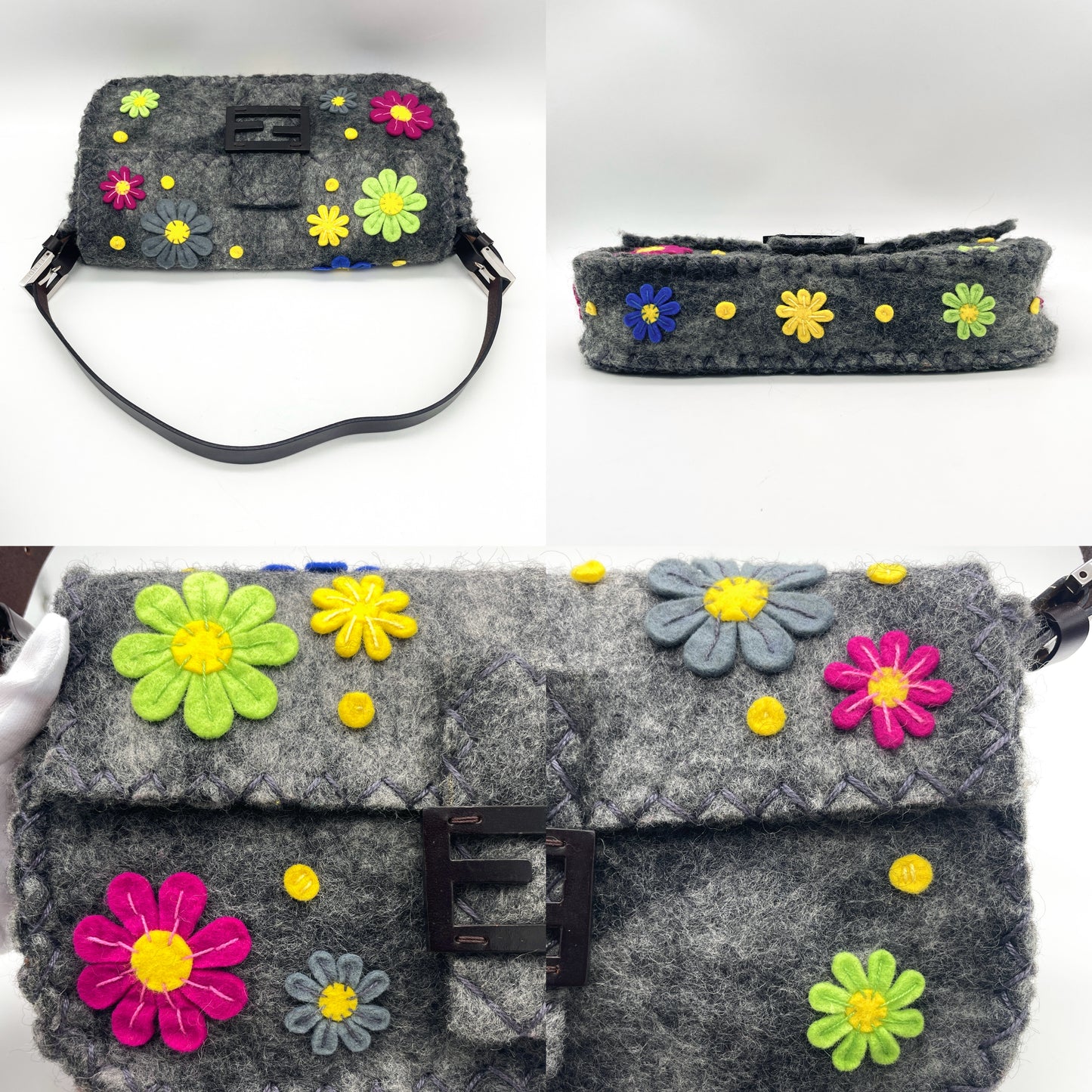 RARE☆☆☆☆☆FENDI Wool Flower Motif Mamma Bucket PM Shoulder Bag Gray Multicolor