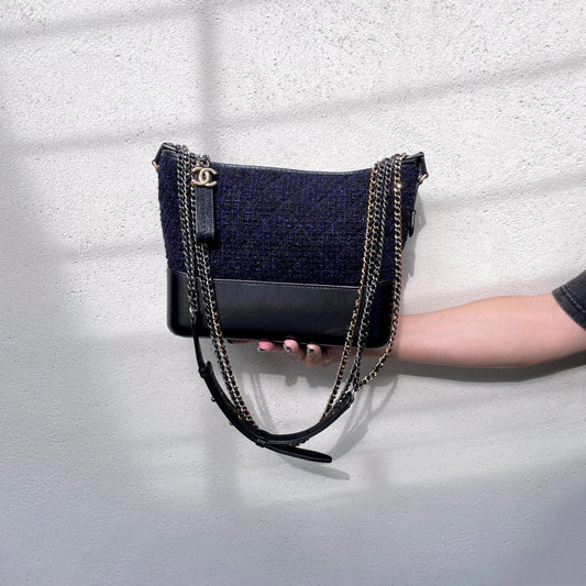 CHANEL 2019 Gabrielle de Chanel Line Double Chains Shoulder Bag New Medium Black Indigo GHW