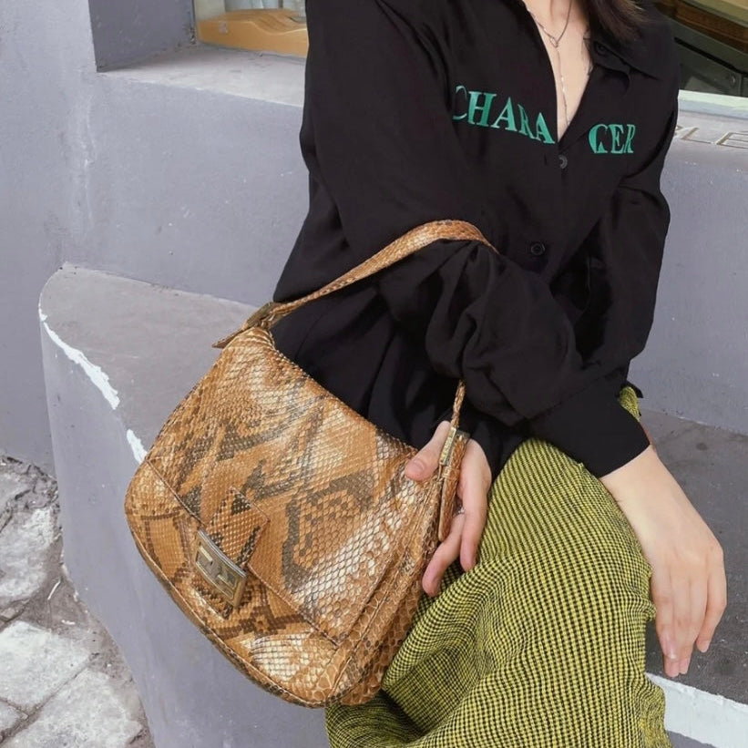 RARE☆☆☆☆FENDI Python Skin Leather Mamma Baguette Shoulder Bag GM Gold & Silver