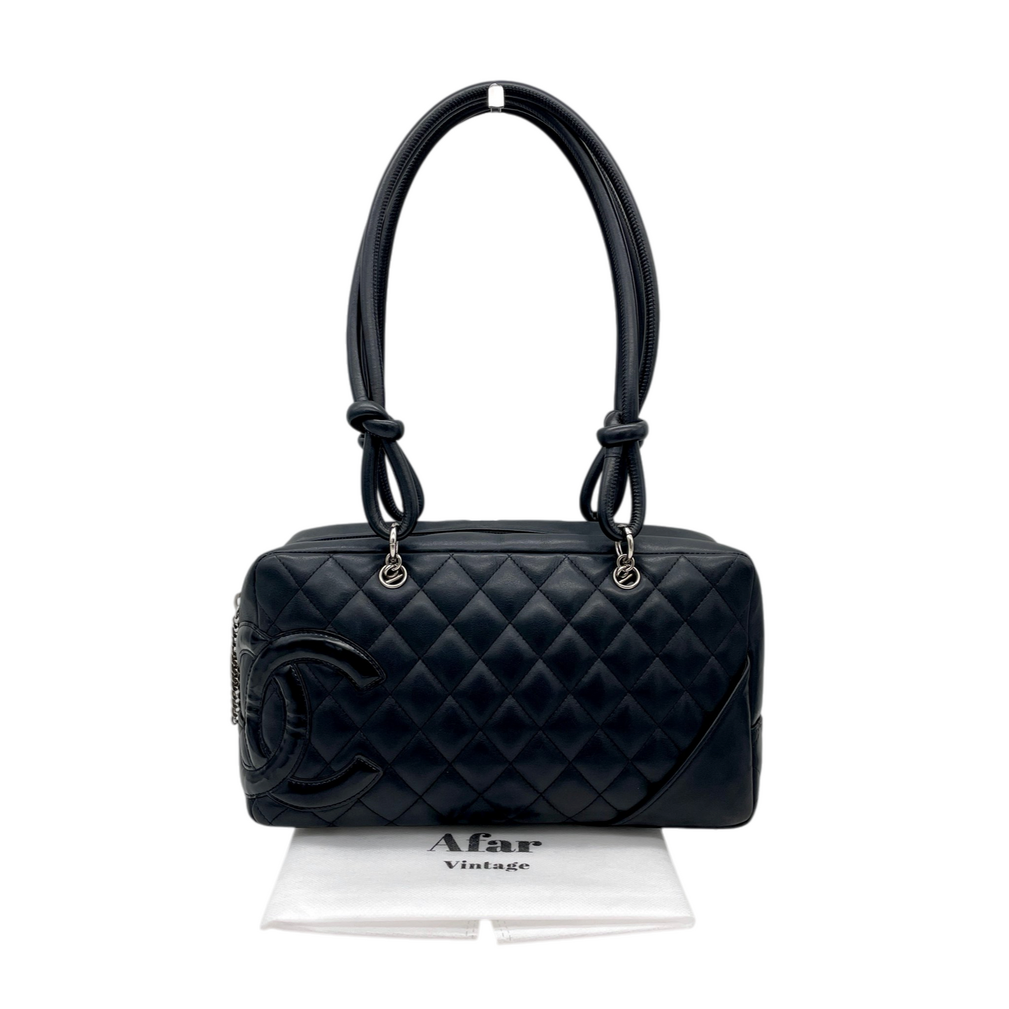 RARE★★★★CHANEL 2005~2006 Cambon Matelassé Cowhide Bowling Shoulder Bag Medium Black Silver