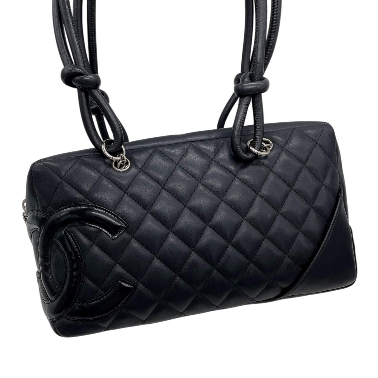 RARE★★★★CHANEL 2005~2006 Cambon Matelassé Cowhide Bowling Shoulder Bag Medium Black Silver