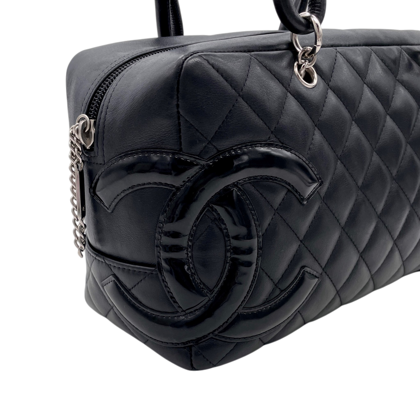 RARE★★★★CHANEL 2005~2006 Cambon Matelassé Cowhide Bowling Shoulder Bag Medium Black Silver