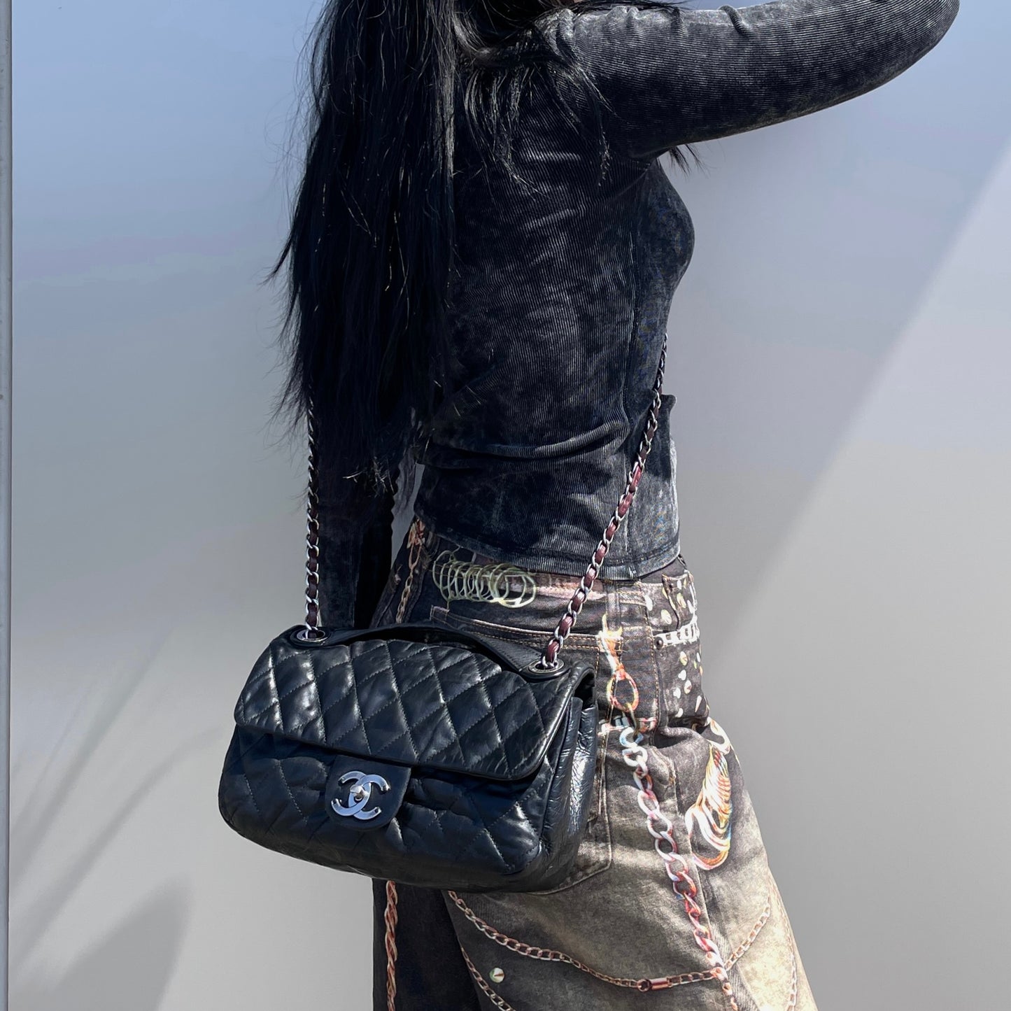 RARE☆☆☆CHANEL 2010 Matelassé Iridescent Calfskin Double Chains Single Flap Shoulder Bag Black & Silver