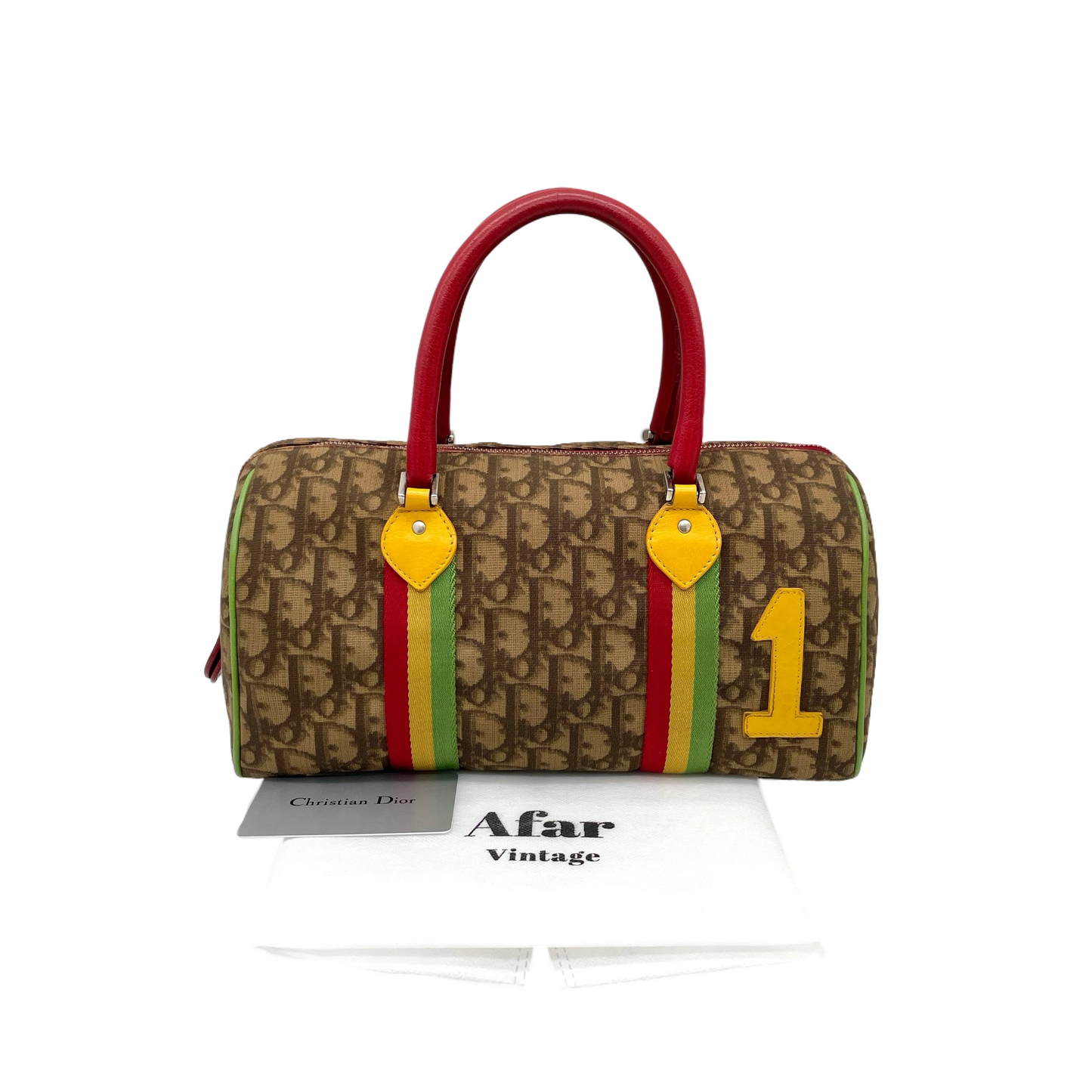 RARE☆☆☆CHRISTIAN DIOR Rasta Line Trotter PVC No.1 Boston Handbag Brown &amp; Multi-color