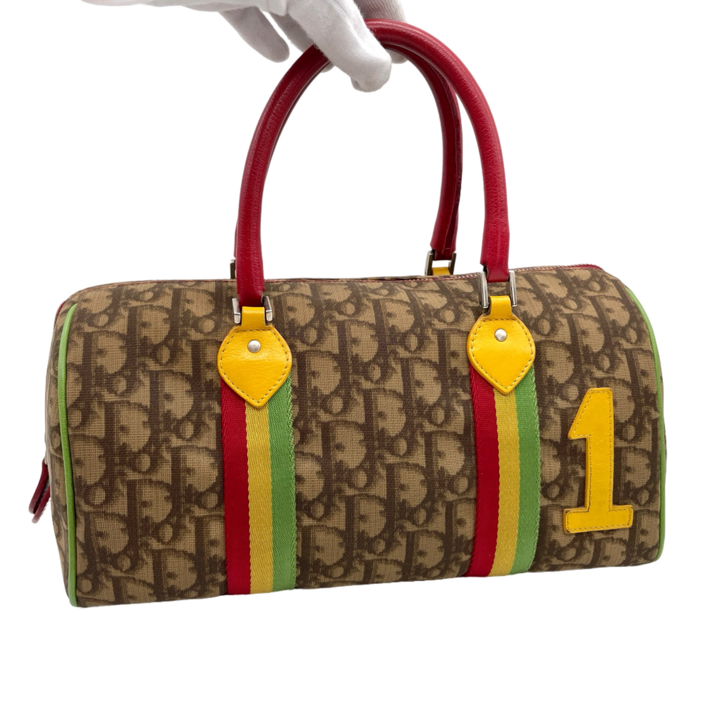 RARE☆☆☆CHRISTIAN DIOR Rasta Line Trotter PVC No.1 Boston Handbag Brown &amp; Multi-color