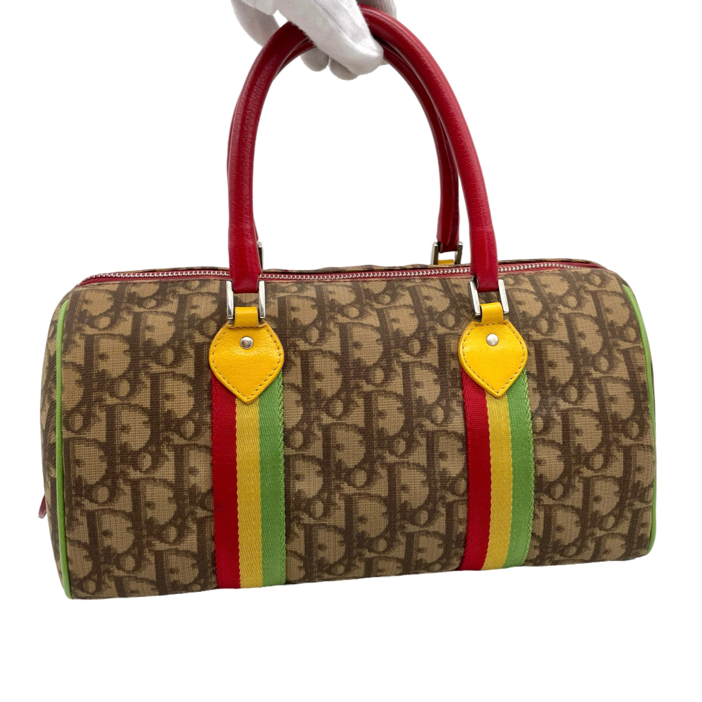 RARE☆☆☆CHRISTIAN DIOR Rasta Line Trotter PVC No.1 Boston Handbag Brown &amp; Multi-color