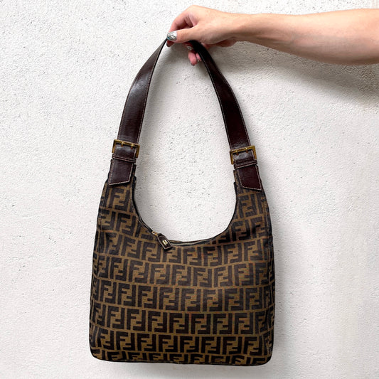 RARE★★★FENDI Zucca Canvas Leather Hobo Shoulder Bag Large Brown Gold