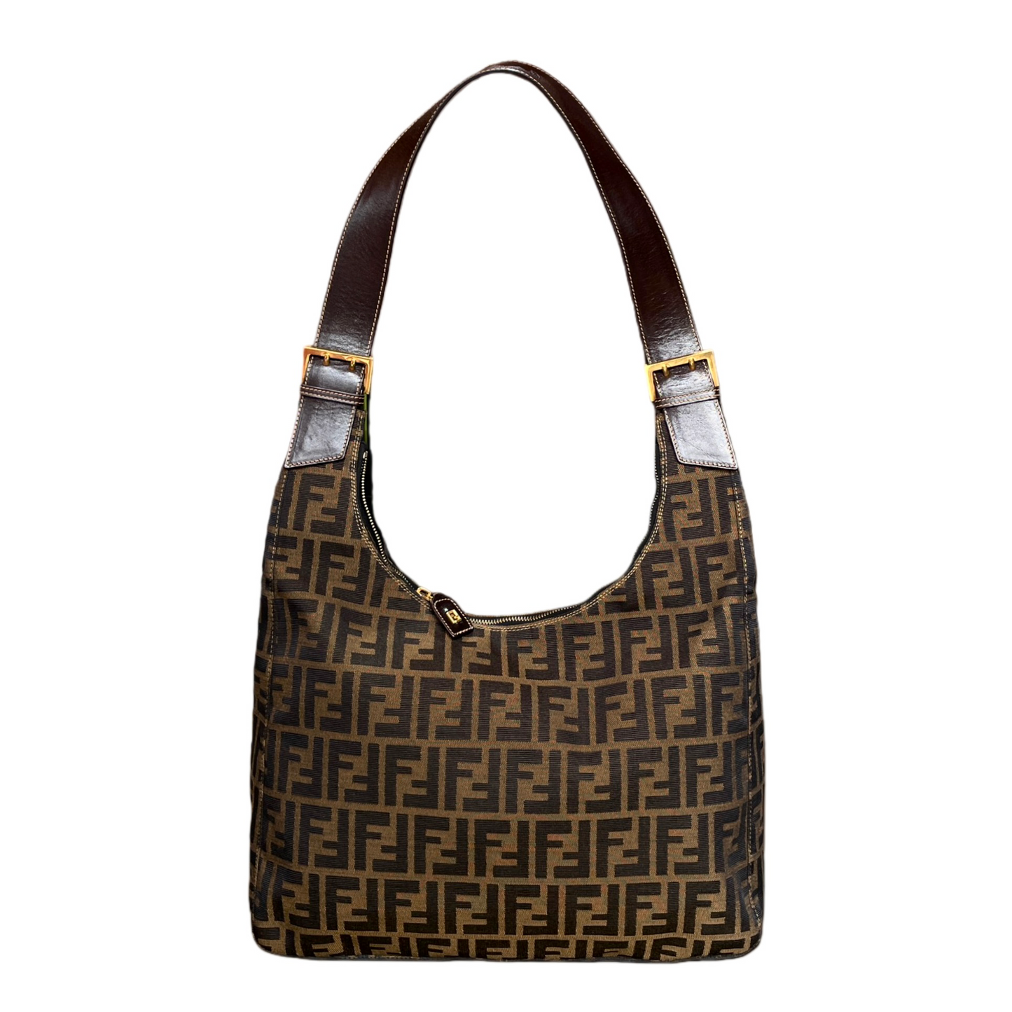 RARE★★★FENDI Zucca Canvas Leather Hobo Shoulder Bag Large Brown Gold