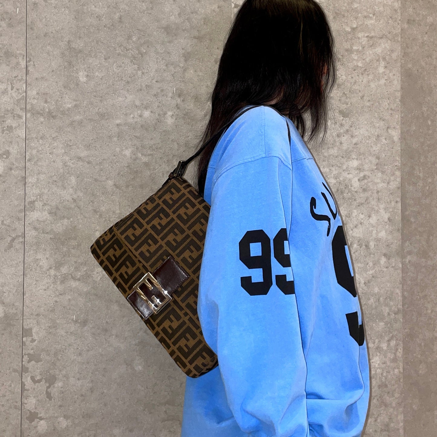 FENDI Zucca Canvas Mamma Baguette GM Shoulder Bag Brown &amp; Silver