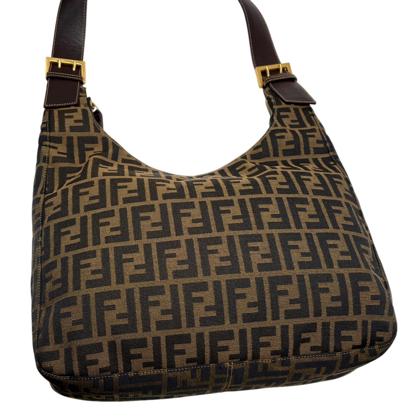 RARE★★★FENDI Zucca Canvas Leather Hobo Shoulder Bag Large Brown Gold