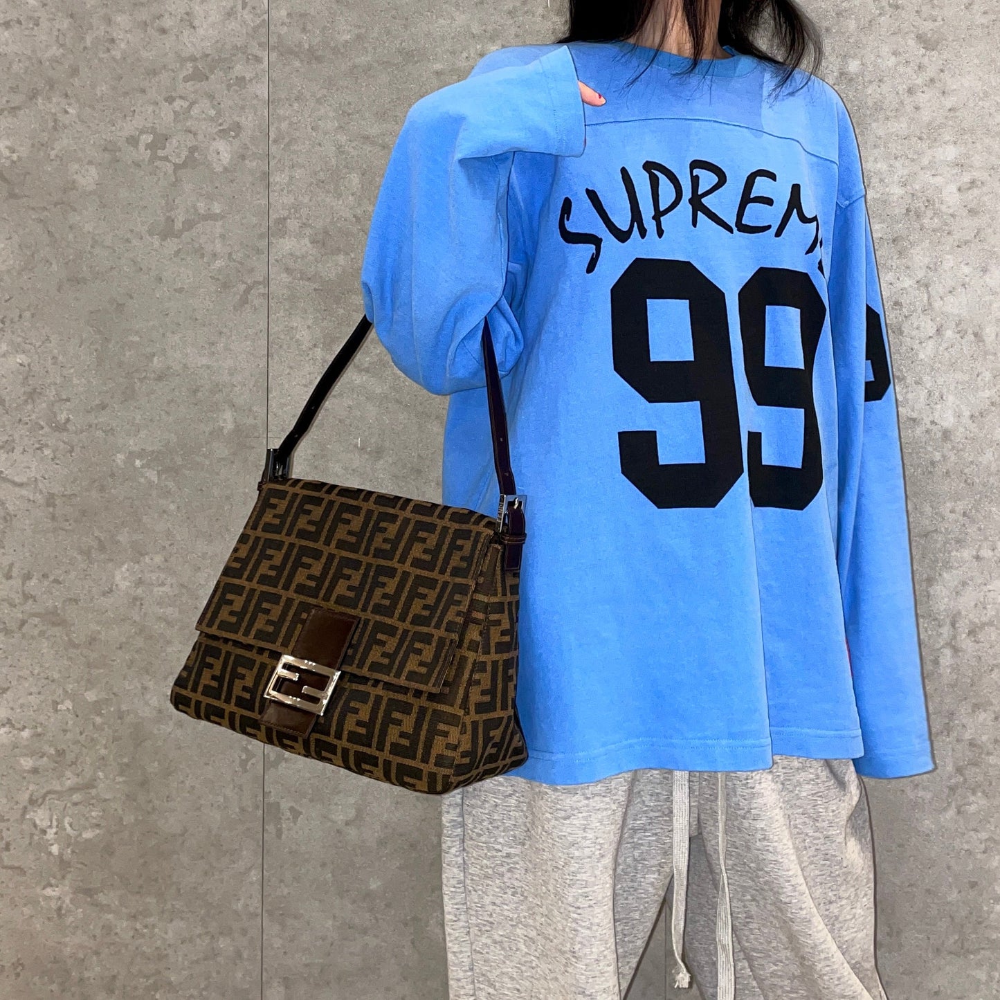 FENDI Zucca Canvas Mamma Baguette GM Shoulder Bag Brown &amp; Silver