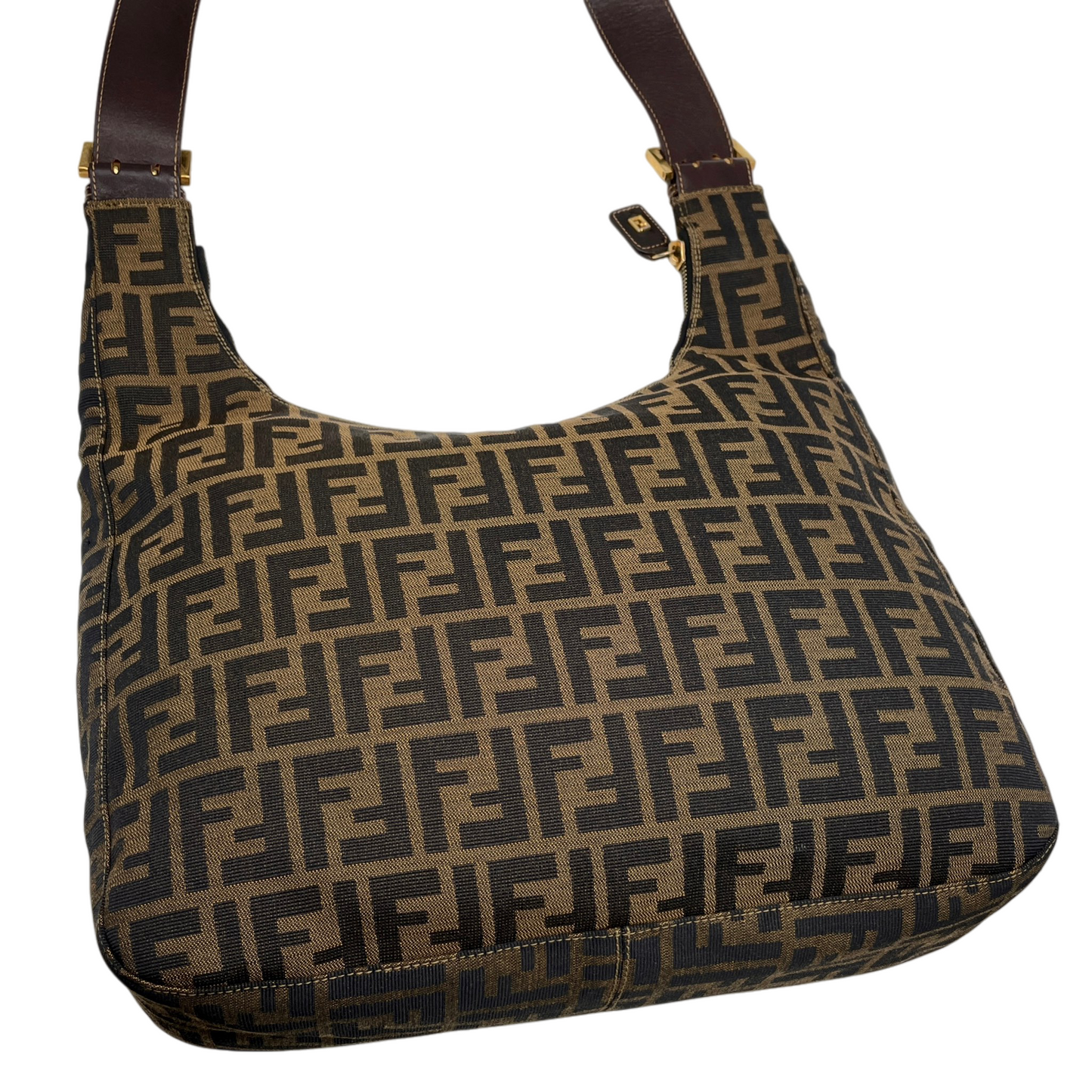 RARE★★★FENDI Zucca Canvas Leather Hobo Shoulder Bag Large Brown Gold