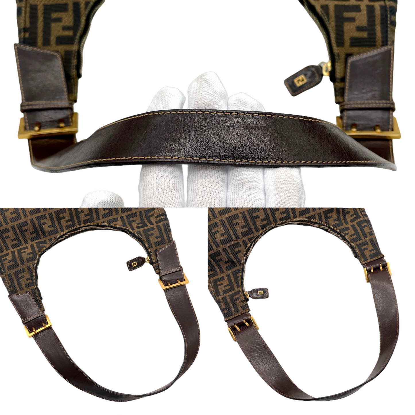 RARE★★★FENDI Zucca Canvas Leather Hobo Shoulder Bag Large Brown Gold