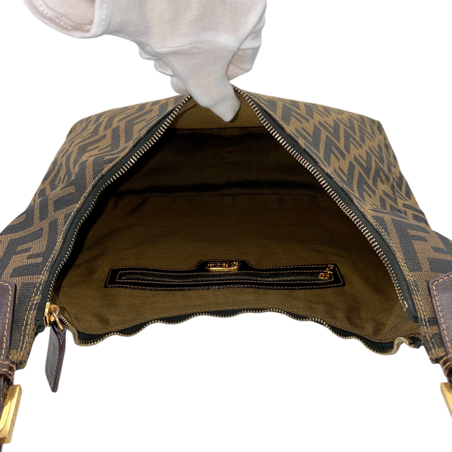 RARE★★★FENDI Zucca Canvas Leather Hobo Shoulder Bag Large Brown Gold
